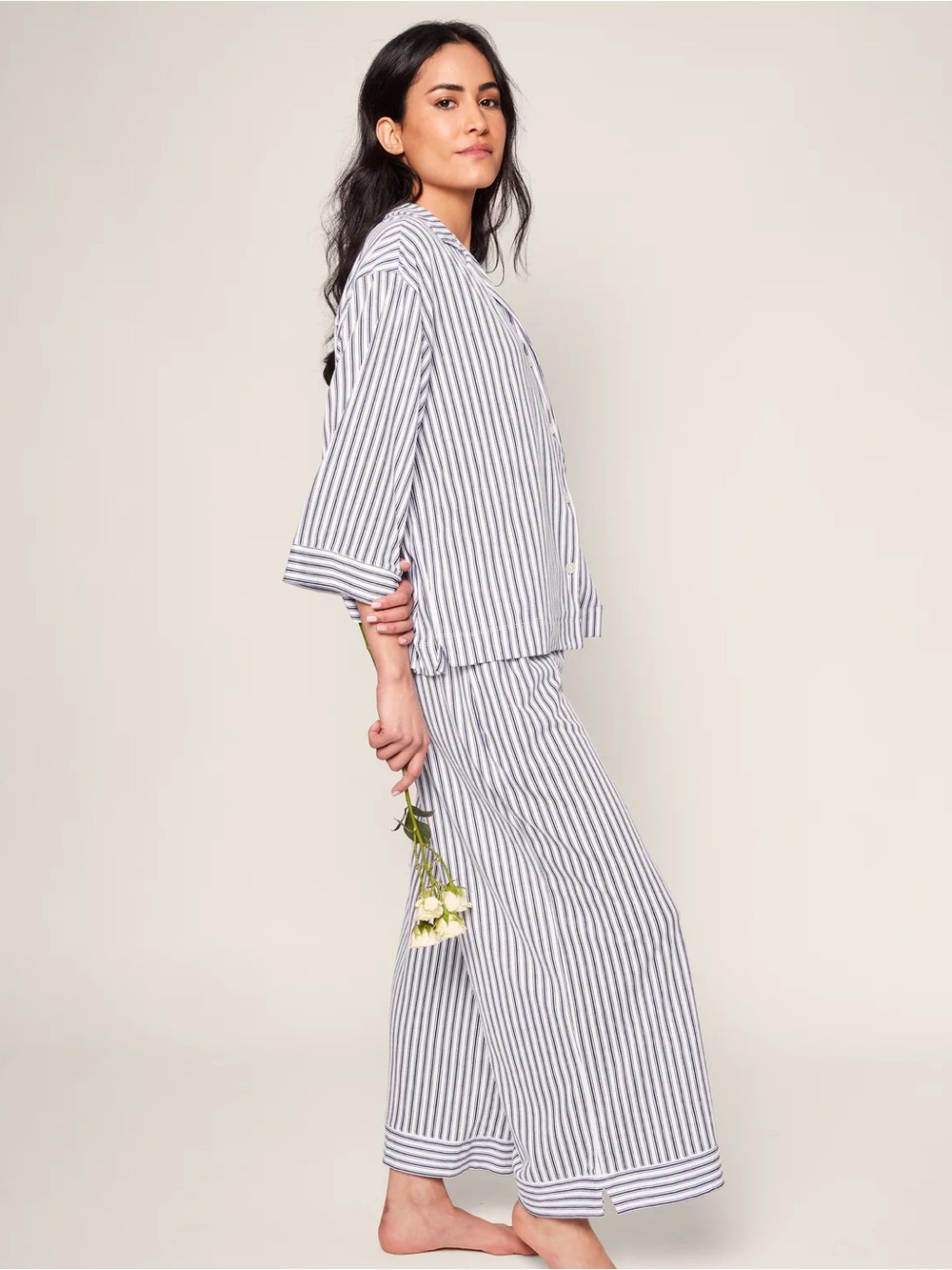 Petite Plume The Olivia Wide Leg Pima Pajama Set in Navy French Ticking